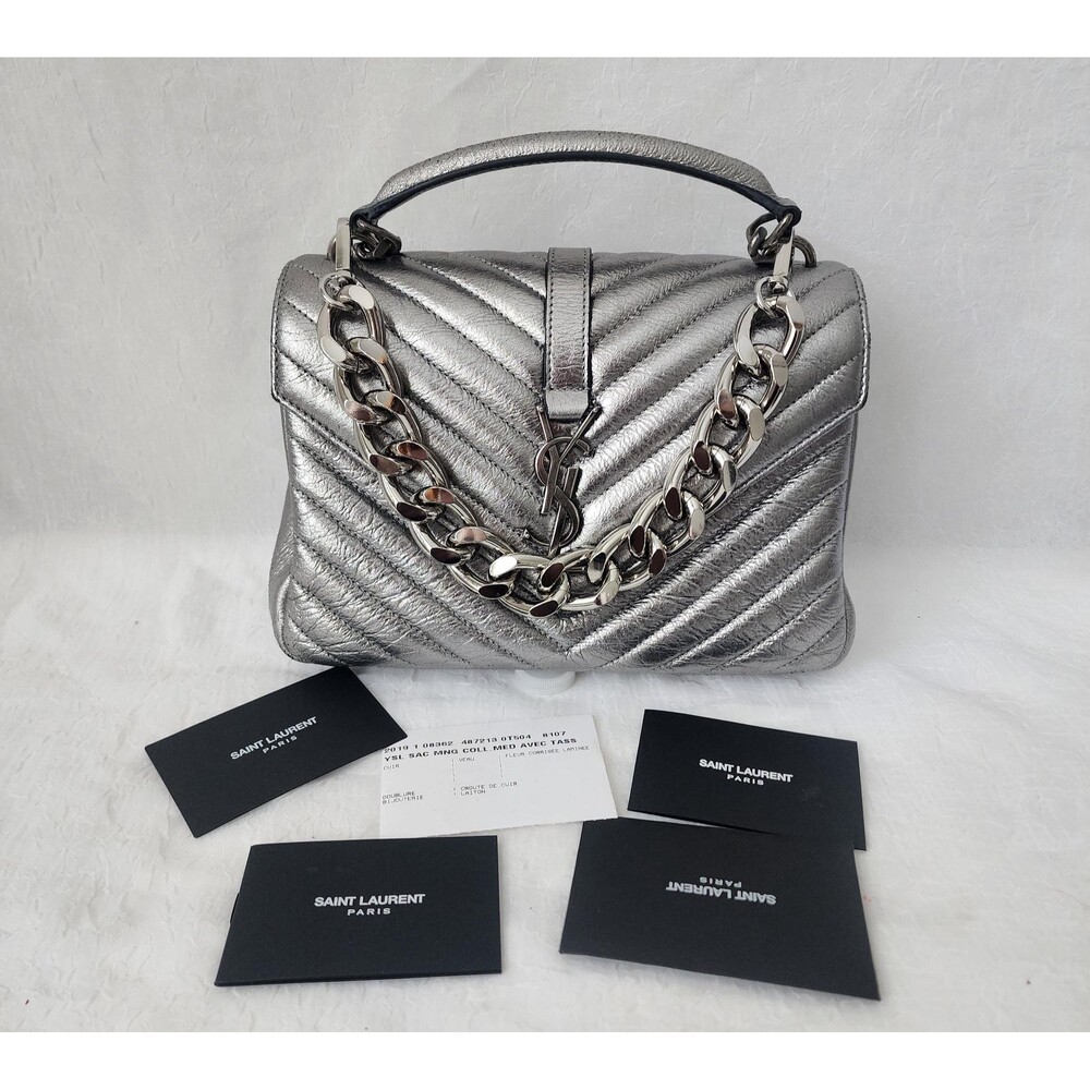 Auth YSL Yves Saint Laurent Classic Monogram College Metallic Shoulder Bag